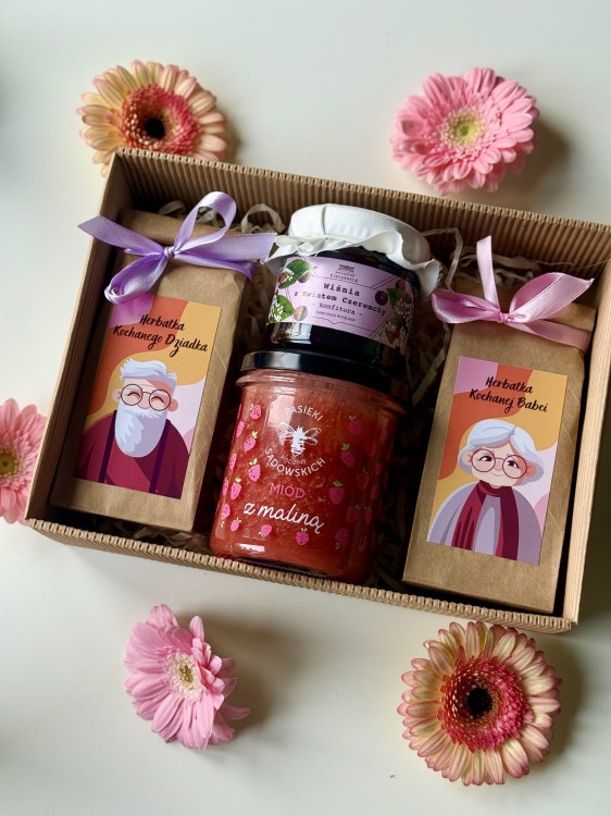 zestaw dla babci i dziadka miód herbaty konfitura